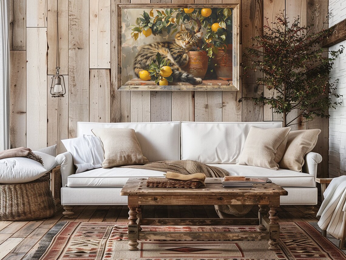 Sleeping Tabby Kitten Beside a Potted Lemon Tree Vintage Painting Poster - Image 3