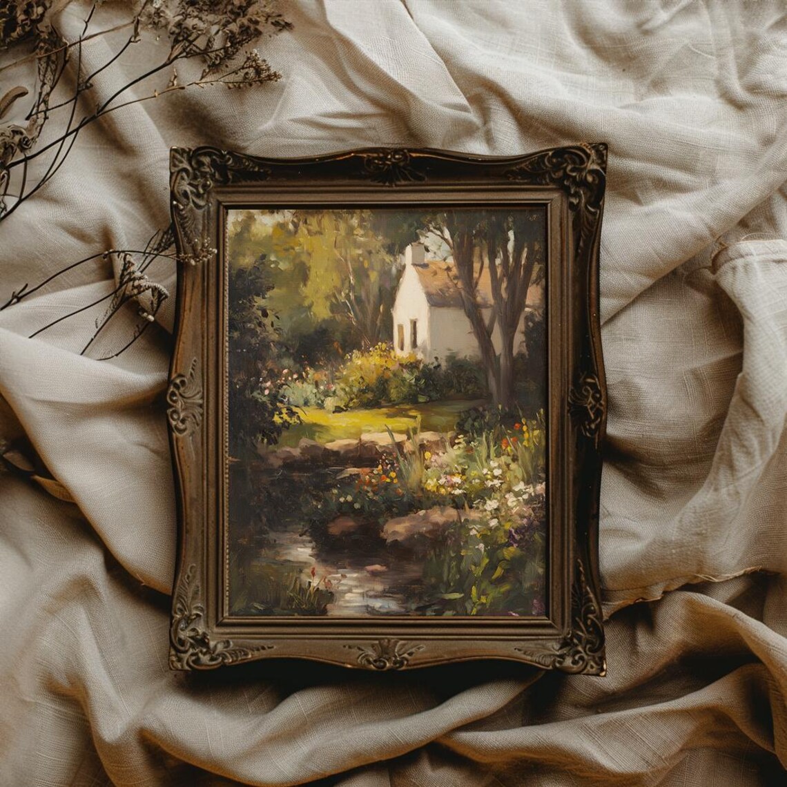 White Cottage Garden With Stream Vintage English Garden Poster - Image 4