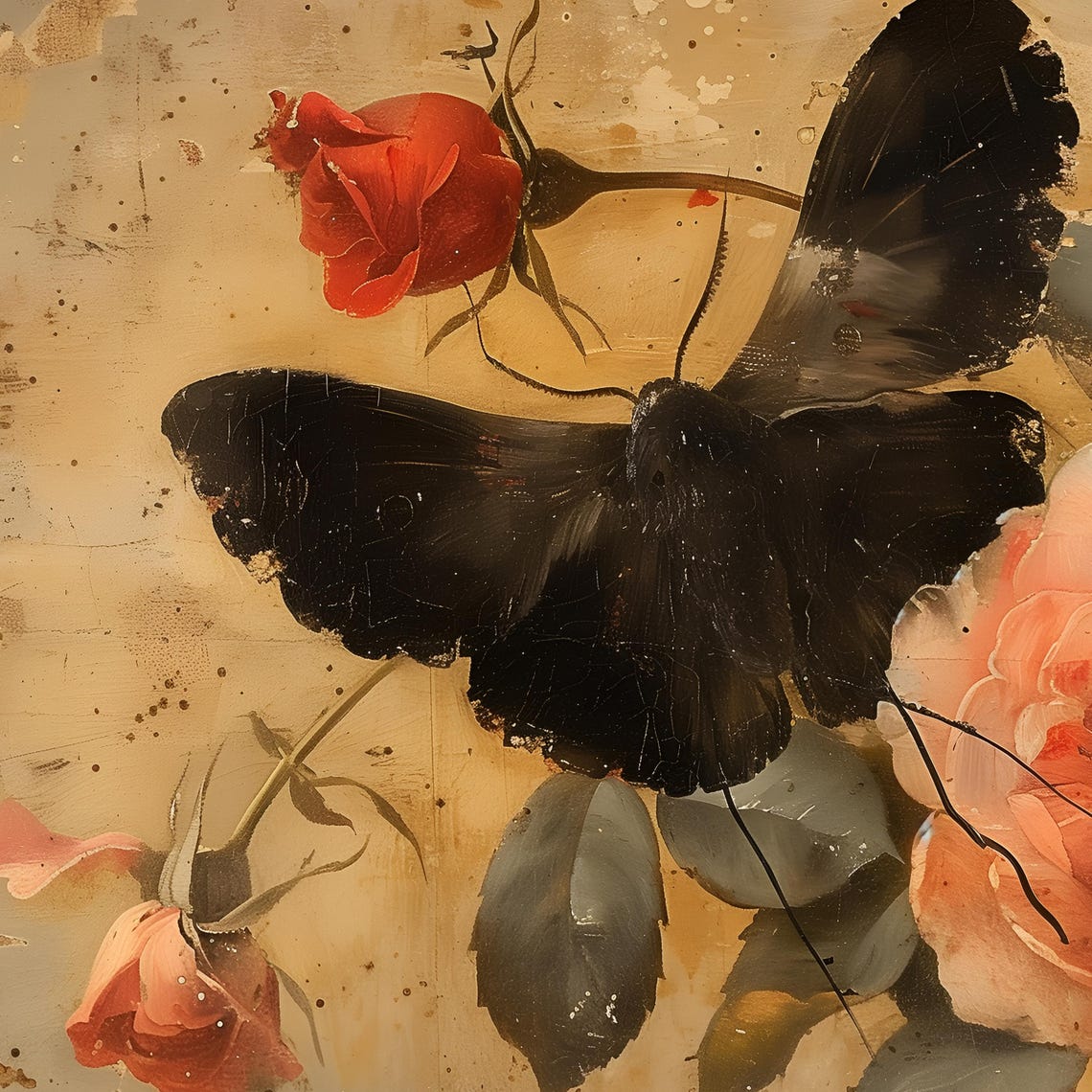 Black Moth Resting Among Roses On Aged Cottagecore Canvas Poster - Image 3