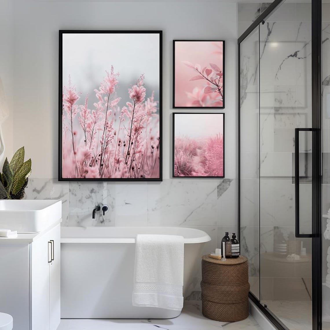 Pink Wildflower Meadow Triptych Set of Three Gallery Wall Poster - Image 2