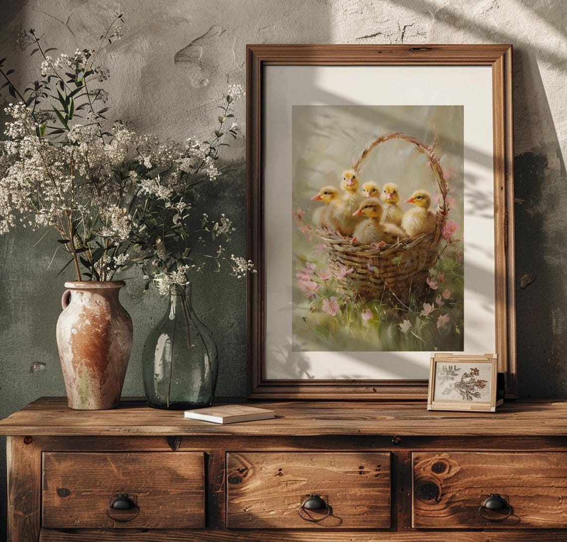 Five Ducklings in a Wicker Basket with Spring Flowers Poster - Image 3
