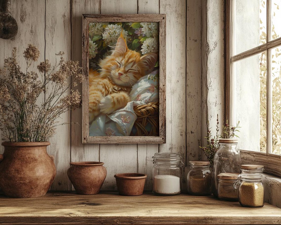 Orange Tabby Kitten Sleeping In Basket Among White Lilac Print - Image 3