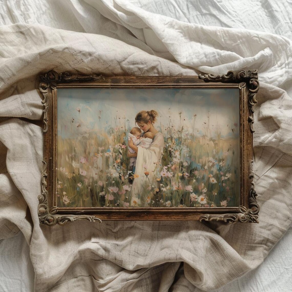 Mother Holding Her Twin Babies in a Wildflower Meadow Poster - Image 3