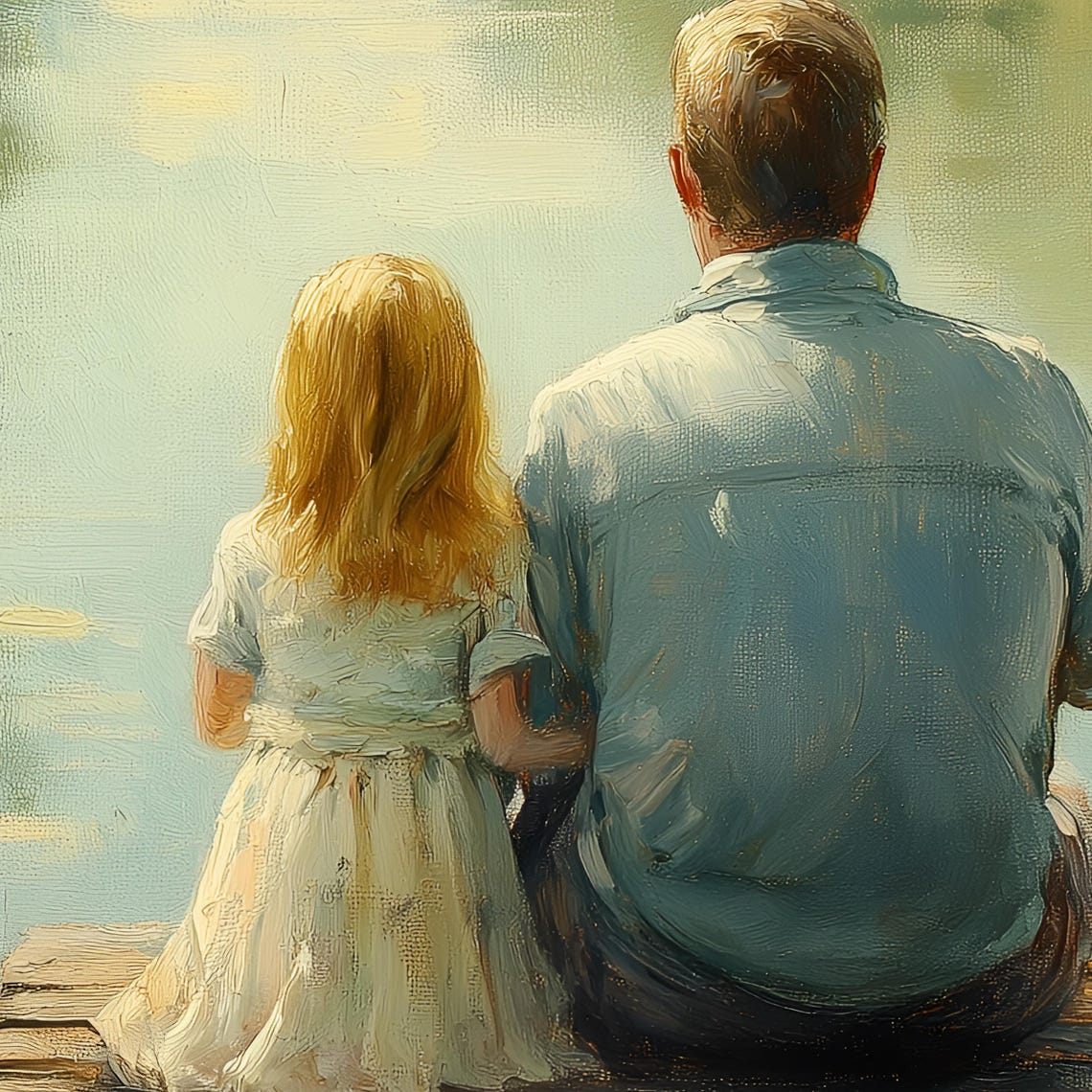Father And Daughter Sitting On Dock Over Still Lake Wall Poster - Image 2