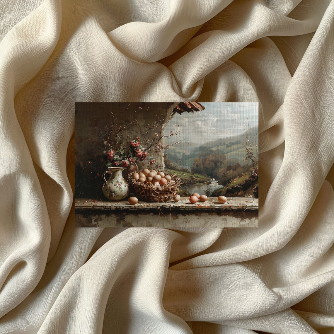 Basket Of Farm Eggs With Floral Pitcher Cottage Still Life Poster - Image 2