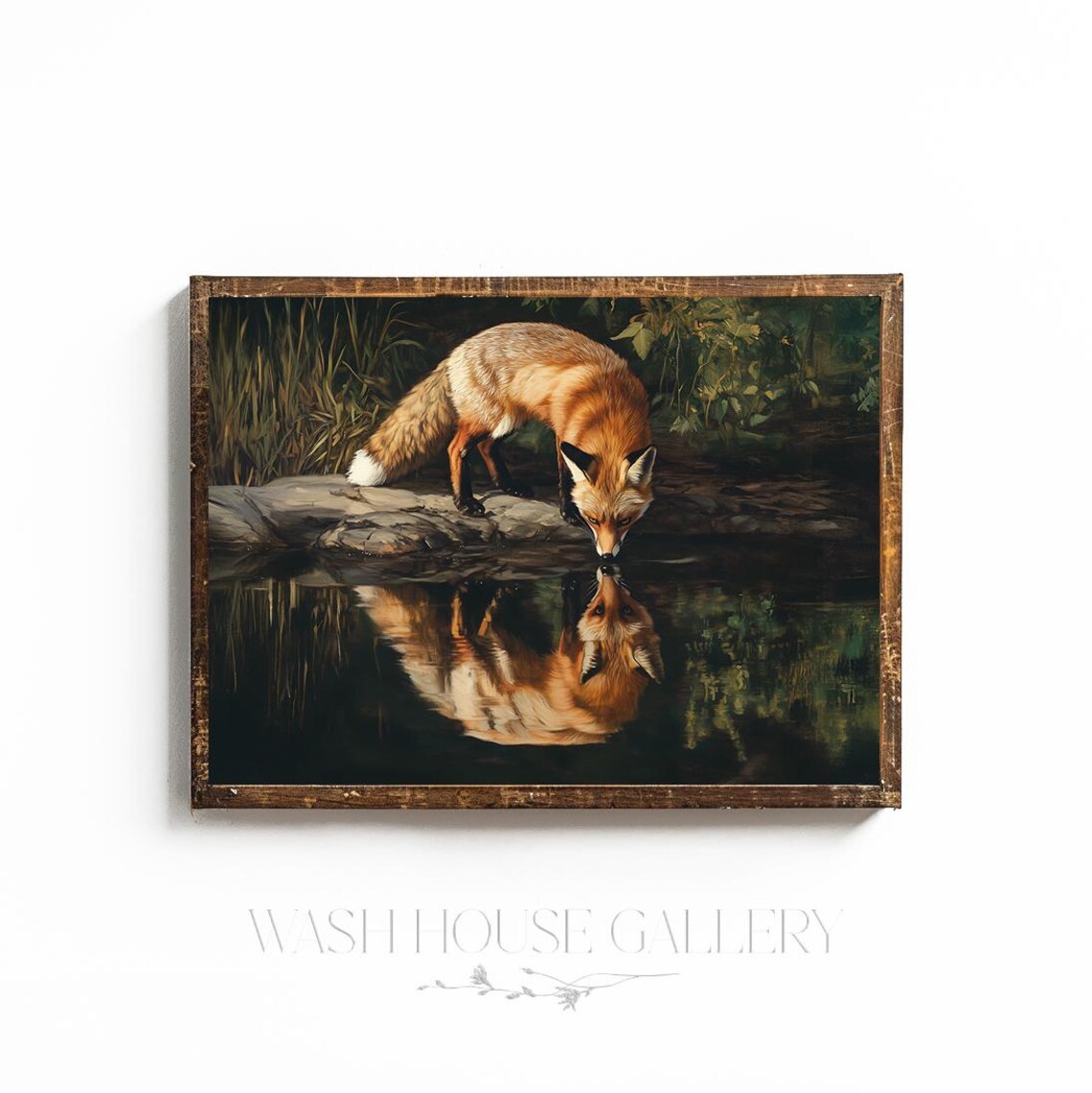 Red Fox Drinking Water With Reflection Vintage Wildlife Scene Poster - Image 2