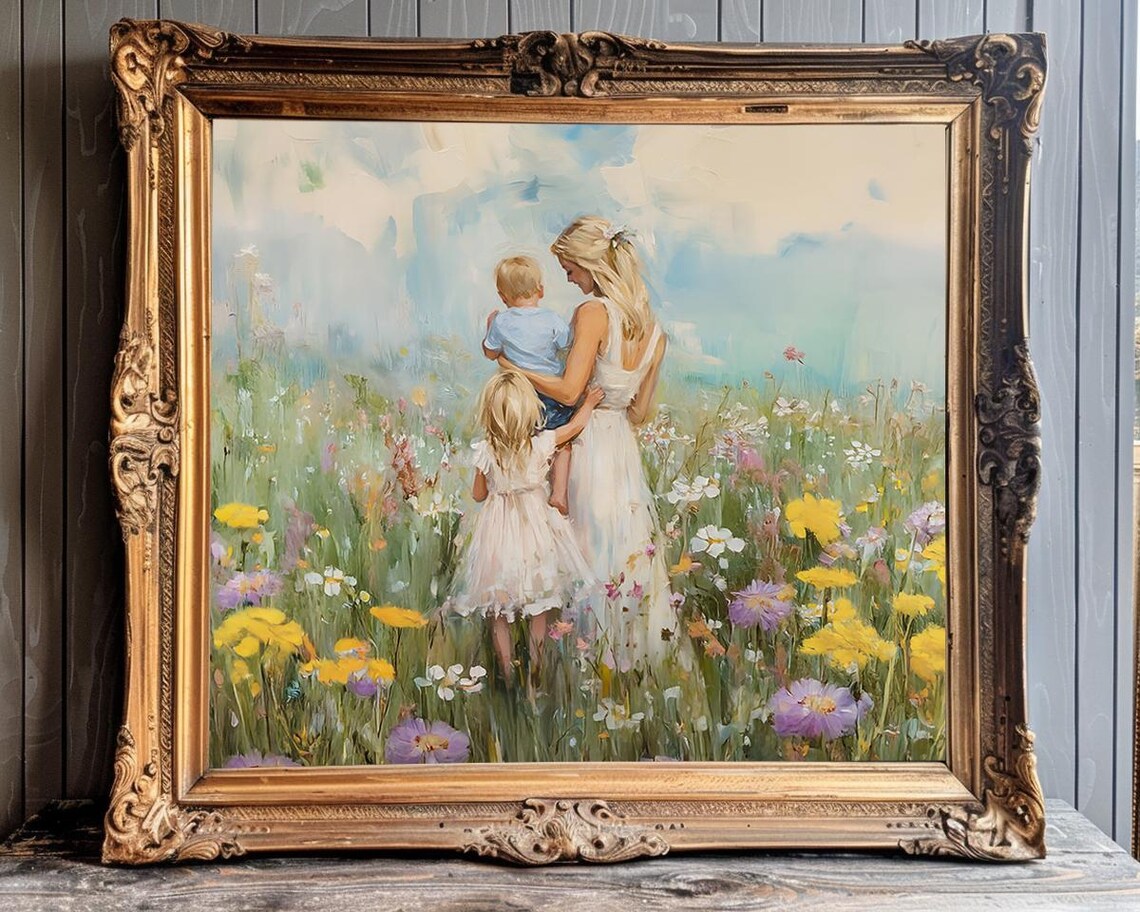 Mom Embracing Children In Blooming Wildflower Meadow Vintage Poster