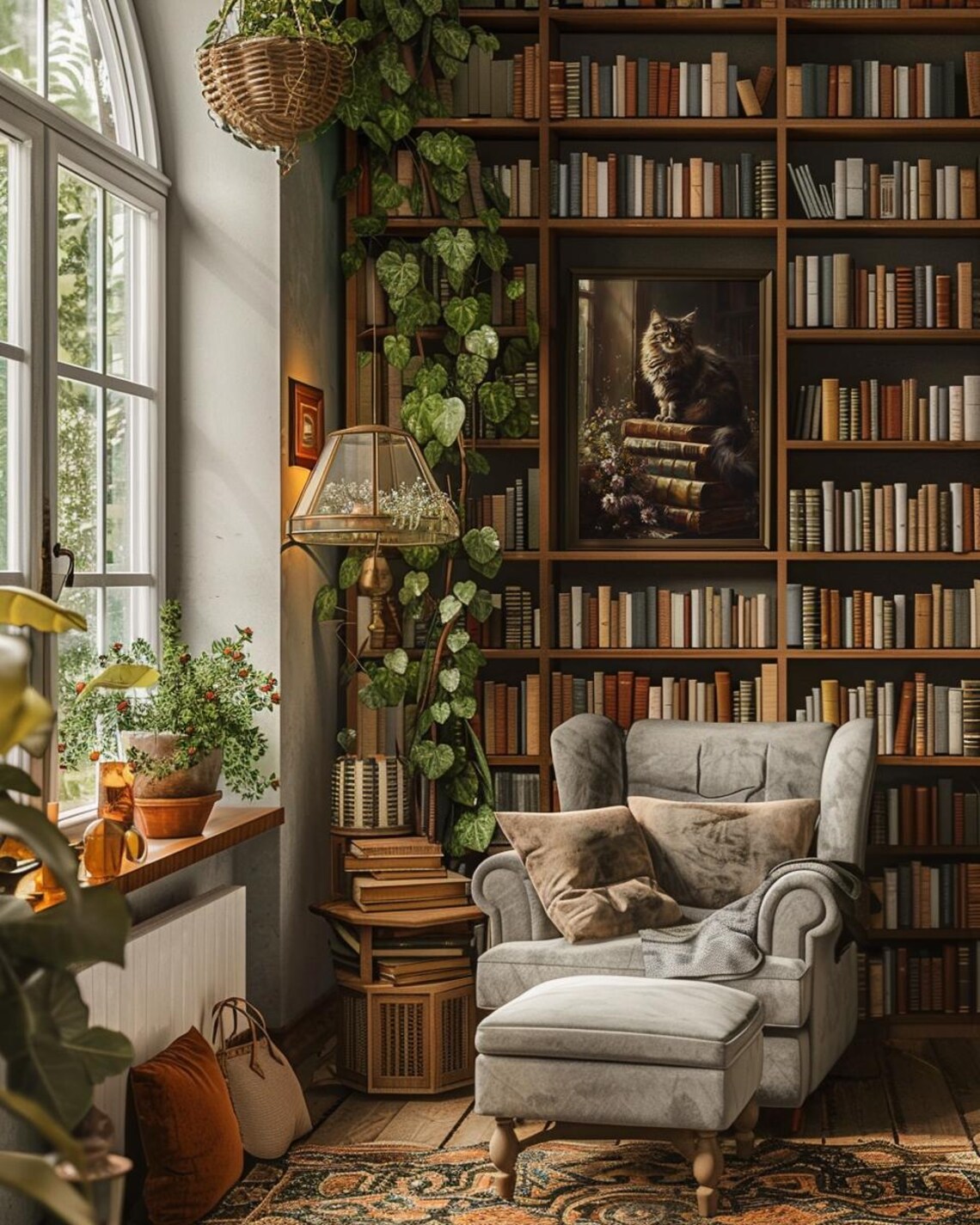 Fluffy Long Haired Tabby Cat On Old Books Dark Academia Poster - Image 3