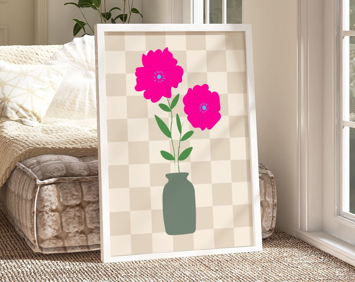 Pink Flowers in Sage Vase on Beige Checkered Retro Floral Art Print - Image 3