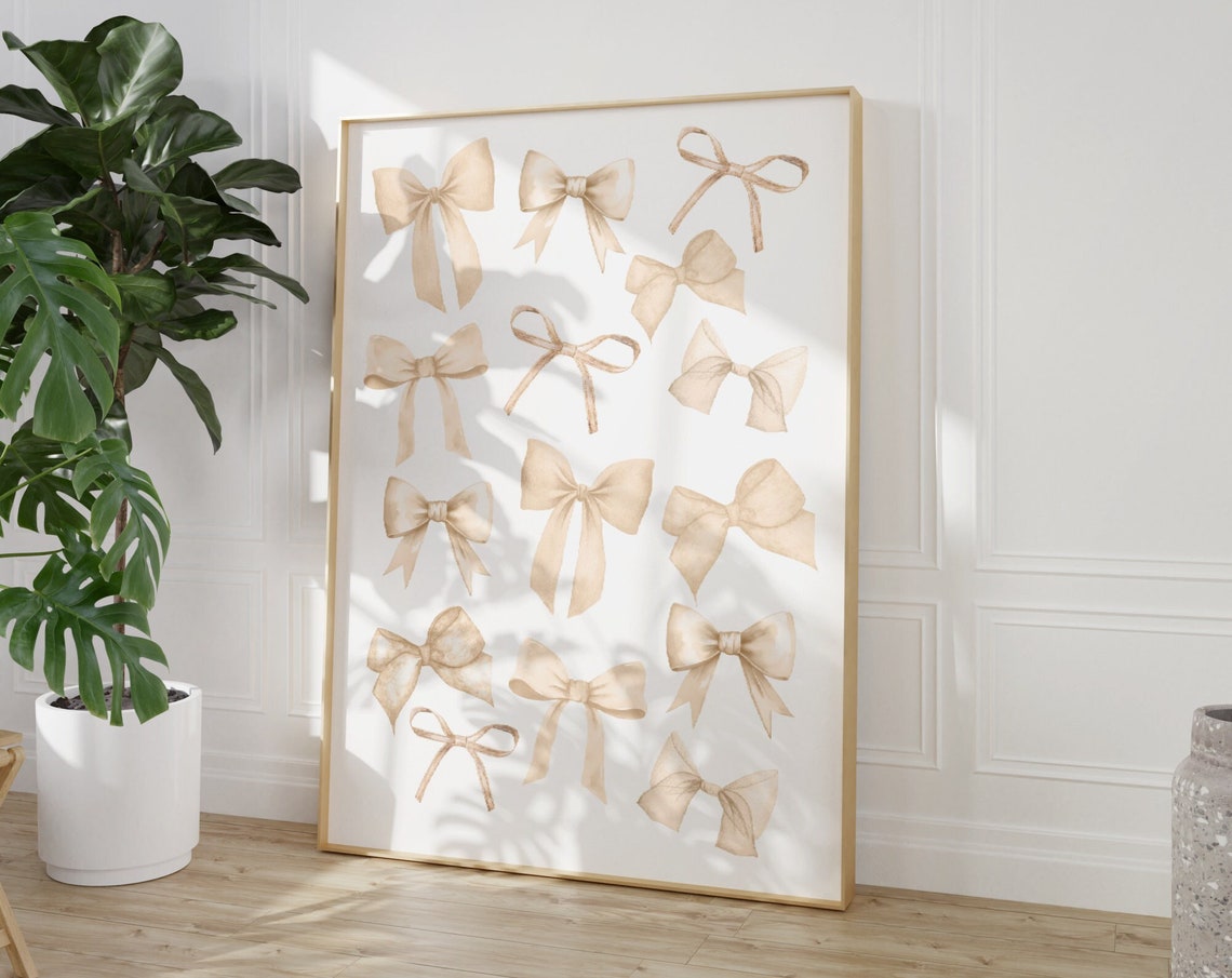 Beige Satin Ribbon Bow Pattern Preppy Nursery Style Decor Poster - Image 4