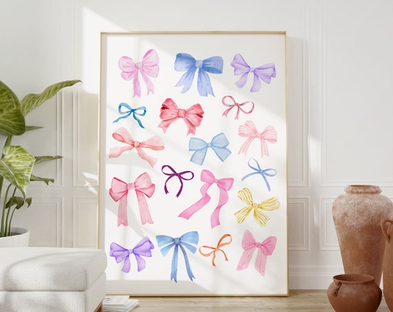 Pink Bow Print Trendy Watercolor Bow Print Colorful Aesthetic Wall Art Preppy Teen Room Decor Girly College Dorm Decor Nursery Wall Art
