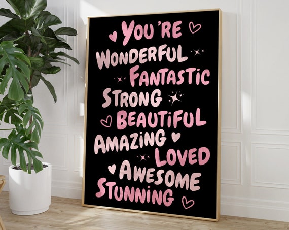 You Are Amazing Poster Affirmation Quote Print Black Pink Funky 70s Wall Art Girly Dorm Room Decor Trendy Art Preppy Wall Art