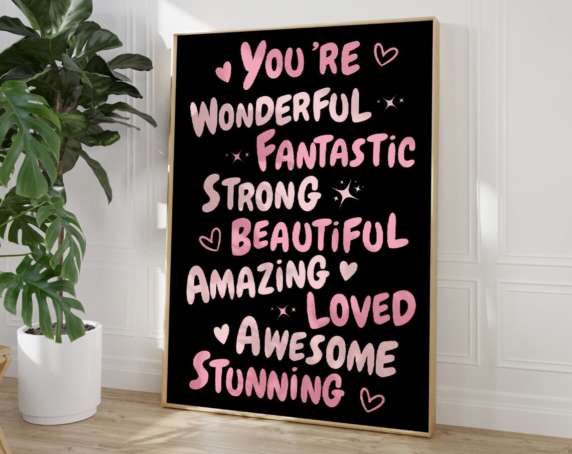 You Are Wonderful Affirmation Words Black Pink Funky Quote Poster