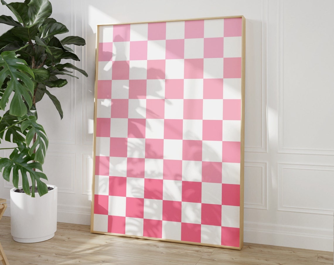 Pink White Checkerboard Retro Funky Bold Pattern Wall Poster - Image 3