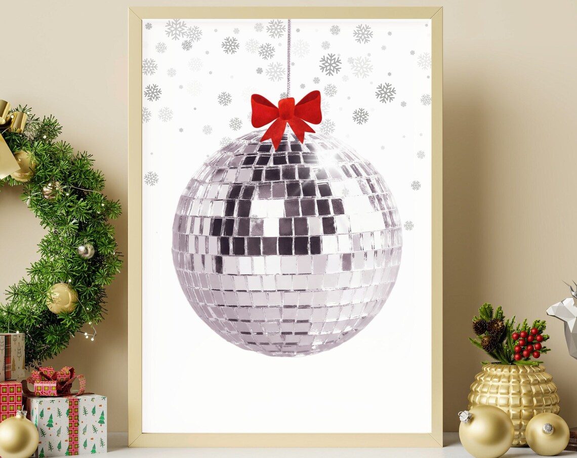 Christmas Disco Ball Ornament Red Bow Snowflake Holiday Wall Decor Poster