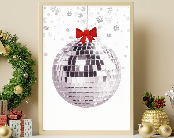 Christmas Disco Ball Ornament Red Bow Snowflake Holiday Wall Decor Poster