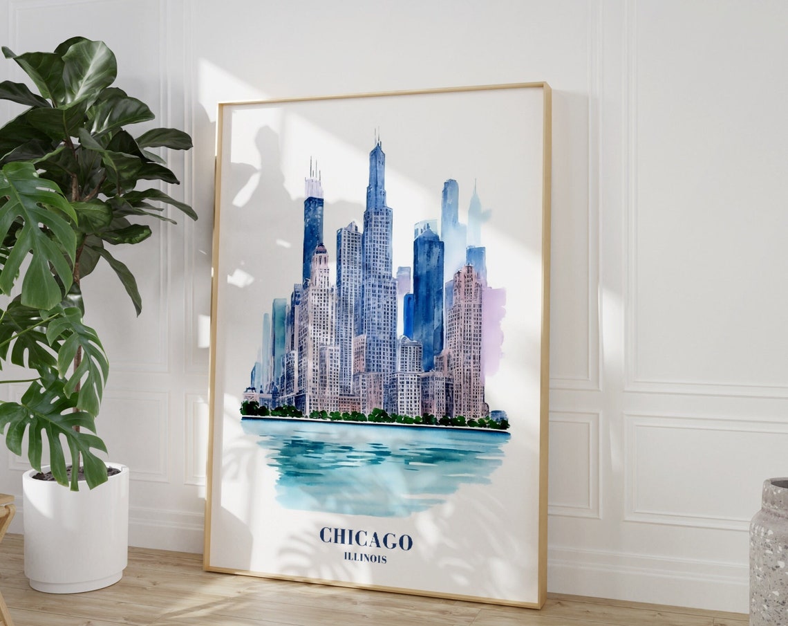 Chicago Poster Travel Print Art Pink Blue Chicago Travel Exhibition Print Trendy Wall Art Cityscape Travel Posters Usa - Image 3