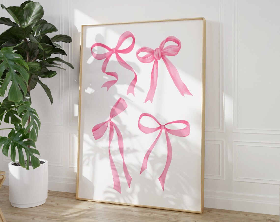 Pink Watercolor Ribbon Bows Quartet Coquette Nursery Room Poster - Image 3