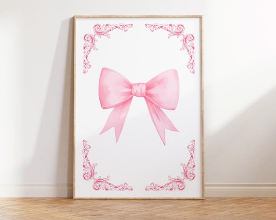 Pink Bow Print Preppy Aesthetic Wall Art Teen Room Decor Preppy Poster College Apartment Decor Nursery Girly Wall Art Pastel Poster