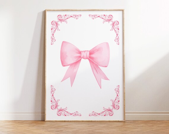 Pink Watercolor Bow with Ornate Corner Flourish Vintage Style Art Print