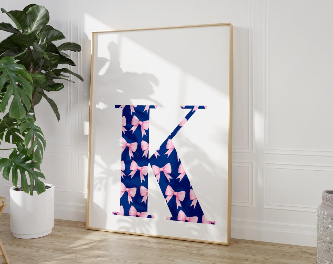 Letter K Initial Monogram Navy Pink Bow Pattern Decor Poster - Image 2