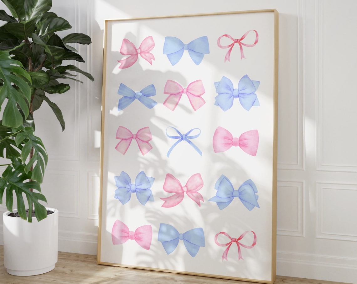 Pink Bow Print Blue Bow Poster, Preppy Aesthetic