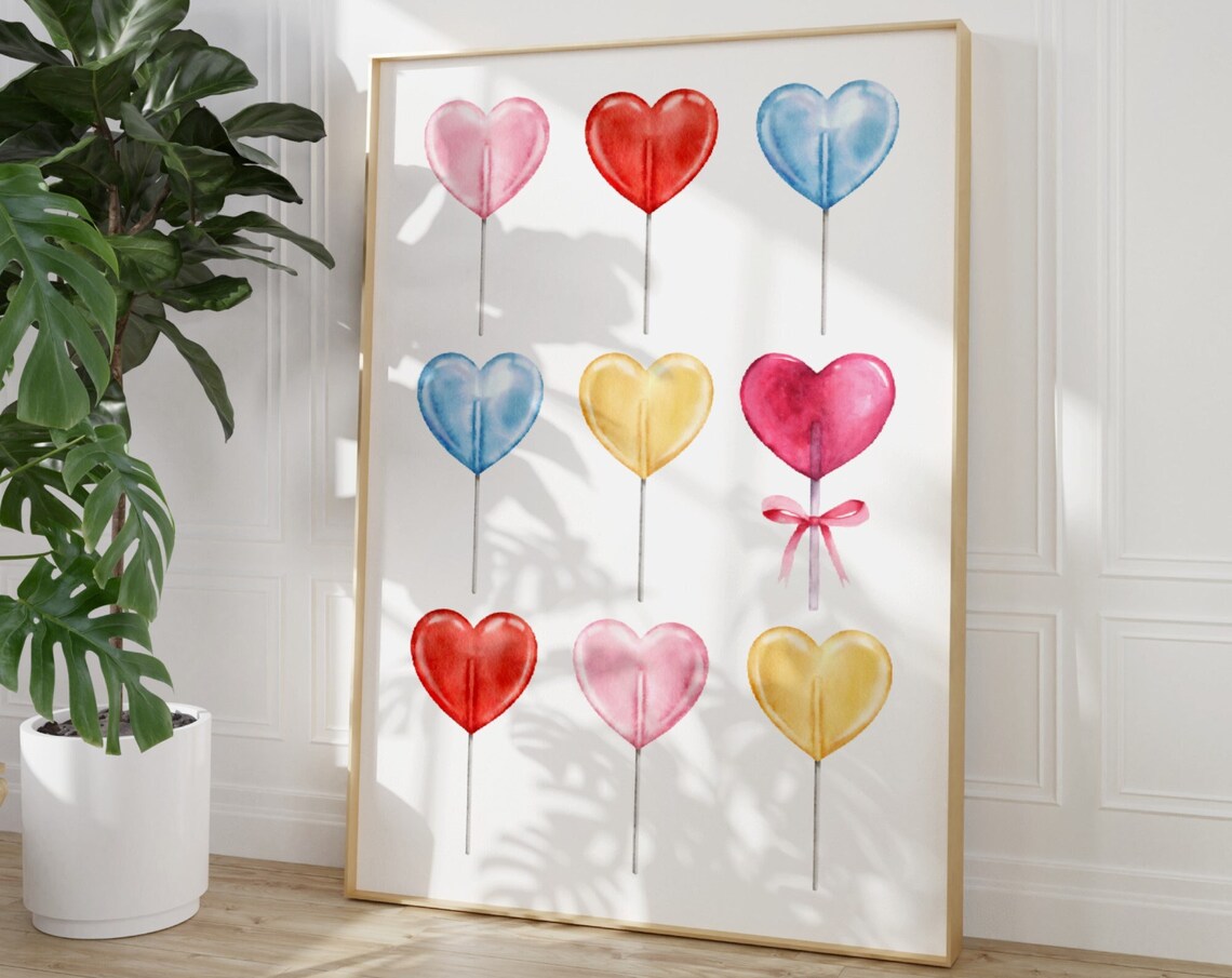 Heart Lollipop Watercolor Candy Sweet Coquette Valentine Art Poster