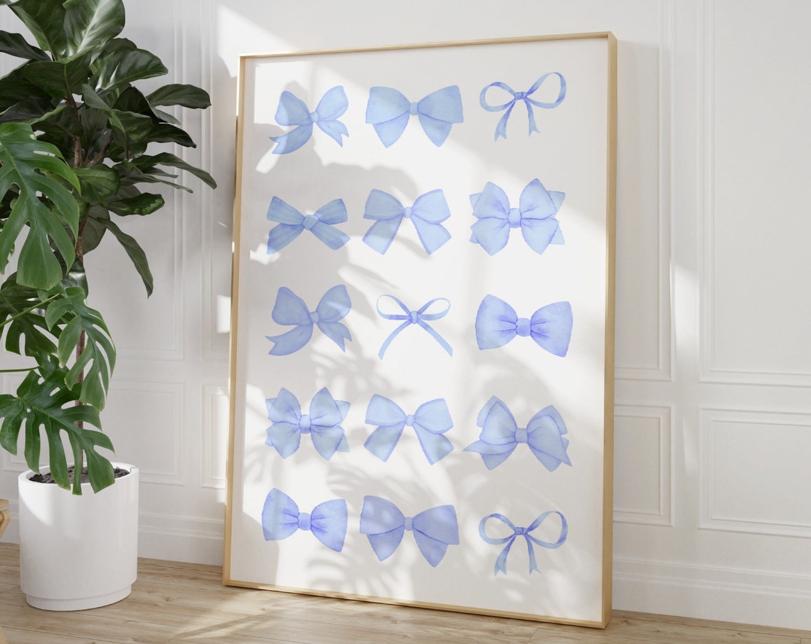Periwinkle Blue Watercolor Bow Grid Preppy Coquette Art Poster - Image 3