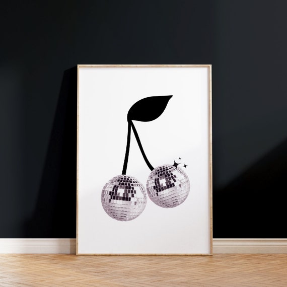 Disco Ball Print Trendy Wall Art Disco Cherry Preppy Wall Decor Bar Cart Art Retro Funky Poster Cherry Print Y2k Poster 70s Art Prints