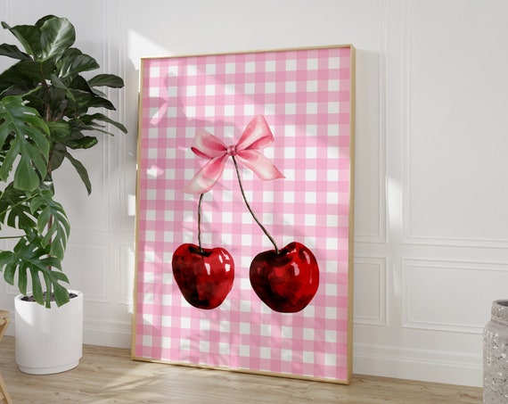 Cherry Print Pink Checkered Wall Art Cherries Wall Art Pink Checker Art Print Retro Funky Poster Trendy Checkerboard Poster