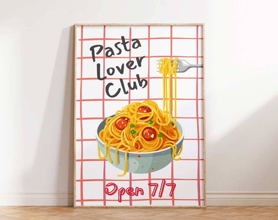 Pasta Lover Club Spaghetti Poster Italian Kitchen Wall Decor Fun Art