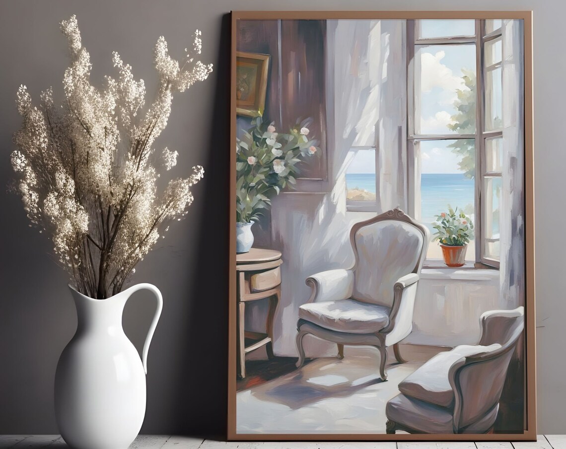 Rustic Interior Armchairs Sea View Window Vintage Oil Painting Poster - Image 3