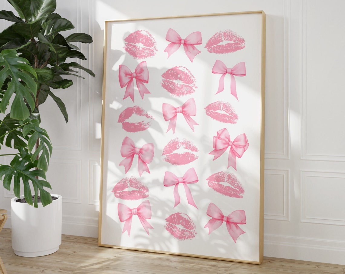 Pink Bow And Lipstick Kiss Poster Preppy Coquette Aesthetic Pattern - Image 3