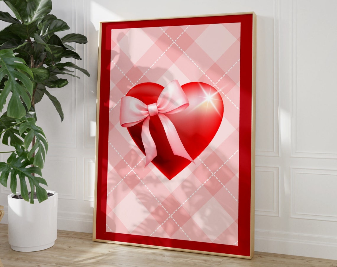 Glossy Red Heart Pink Bow Gingham Retro Coquette Love Poster - Image 3