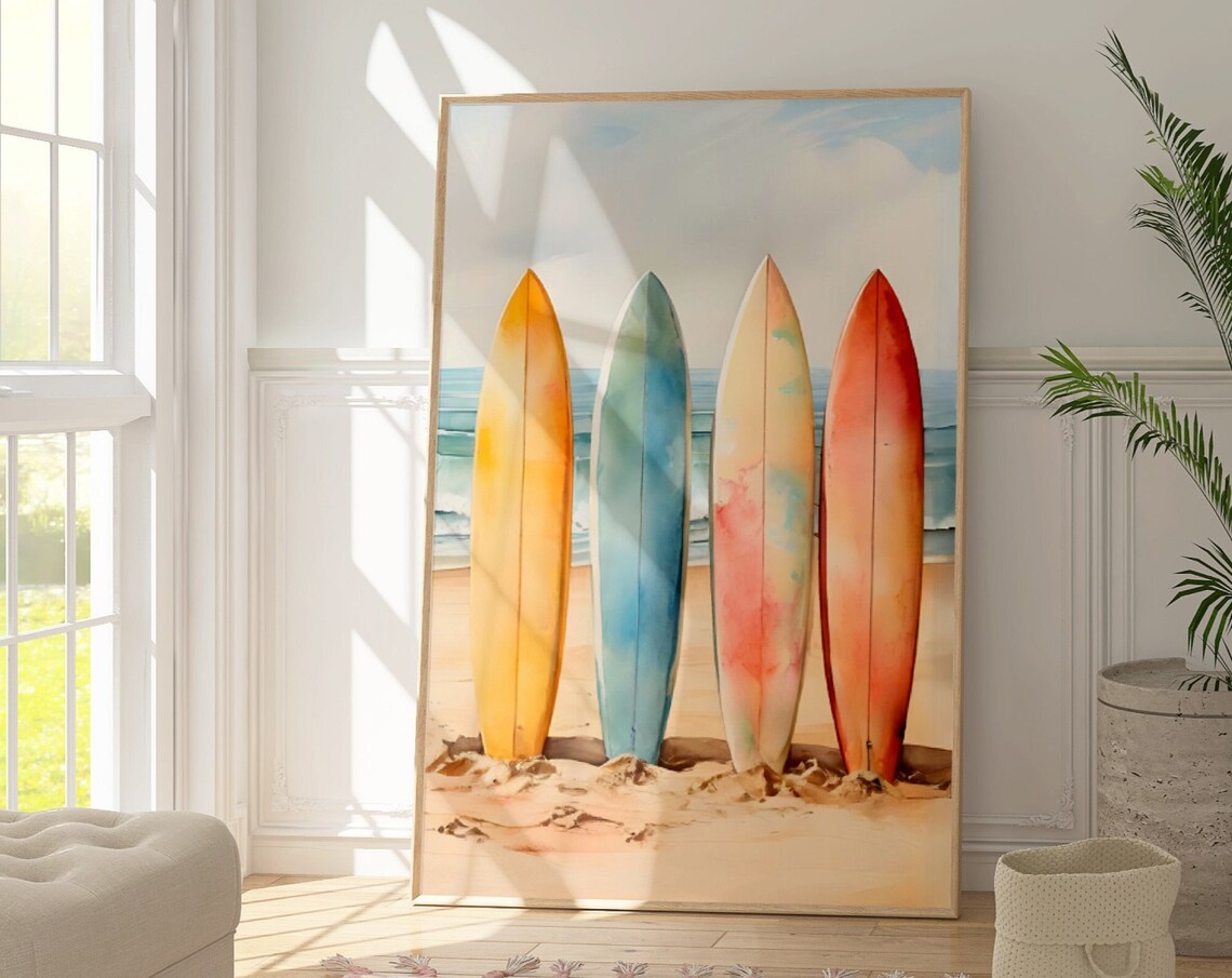 Four Colorful Surfboards Watercolor Beach Scene Surf Art Poster