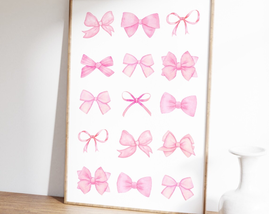 Pink Watercolor Bow Collection Grid Fifteen Bows Preppy Girls Wall Art - Image 3