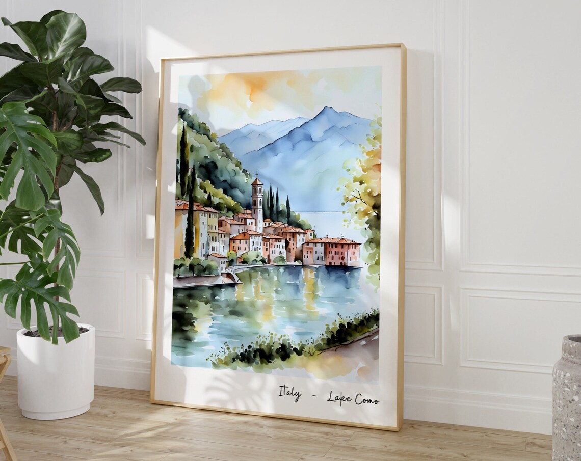 Italy Lake Como Watercolor Sunset Travel Village Landscape Poster - Image 5