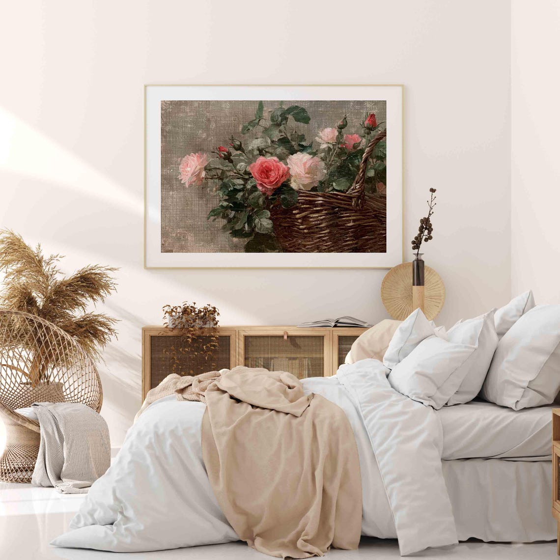 Vintage Pink Roses Wicker Basket Textured Oil Painting Wall Art Poster - Image 3
