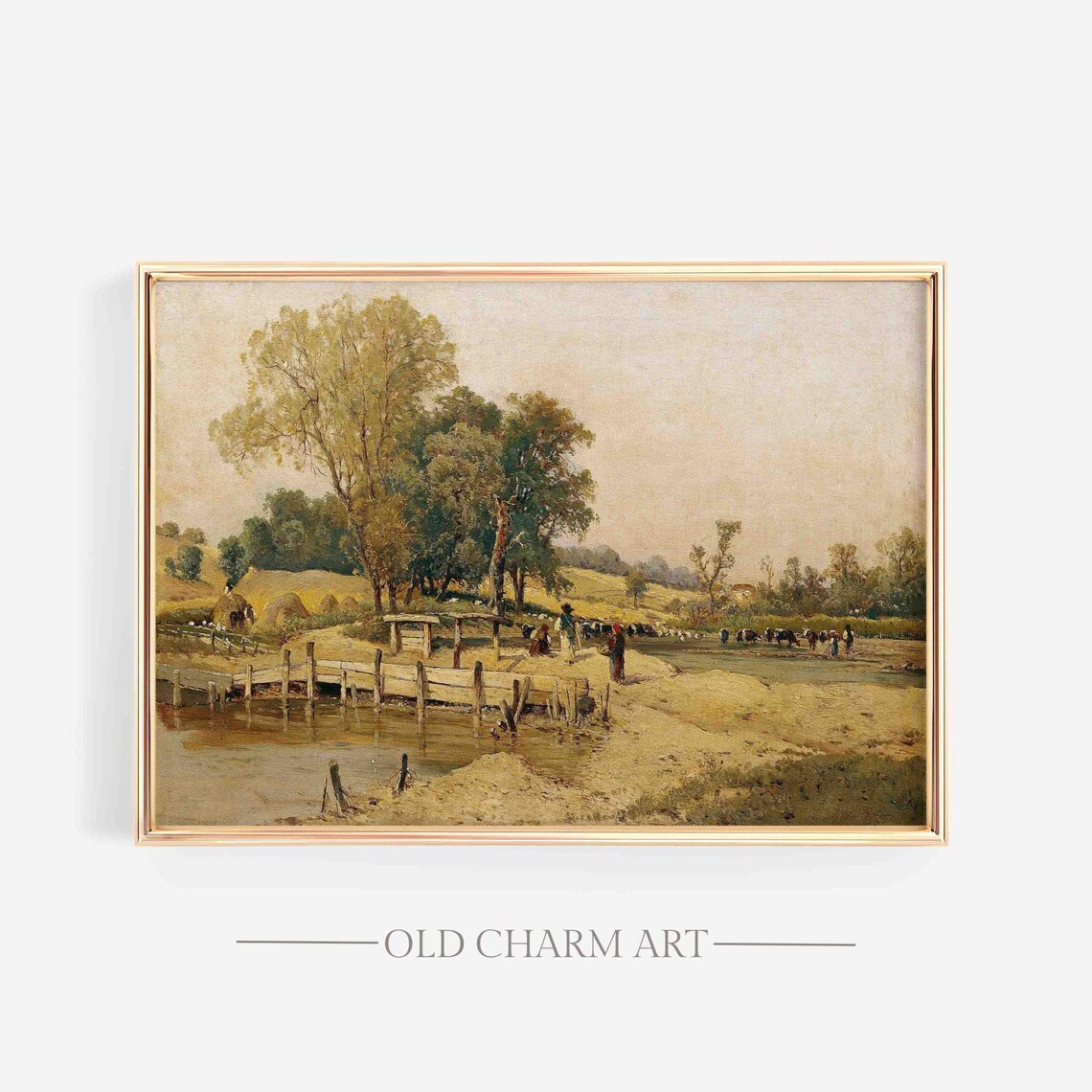 Riverbank Scene With Wooden Footbridge Haystacks and Cattle Poster