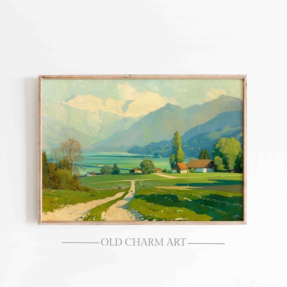 Country Landscape Oil Painting Vintage Mountain View Print Farmhouse Decor Poster Cottage Wall Art Wa56