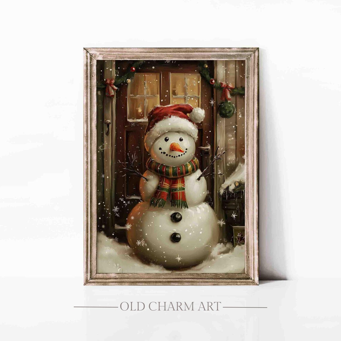Cheerful Snowman In Santa Hat At Door With Garland Plaid Scarf Poster