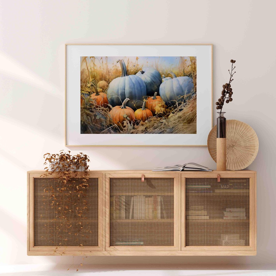 Blue And Orange Pumpkins Nestled In Golden Hay Fall Field Poster - Image 4