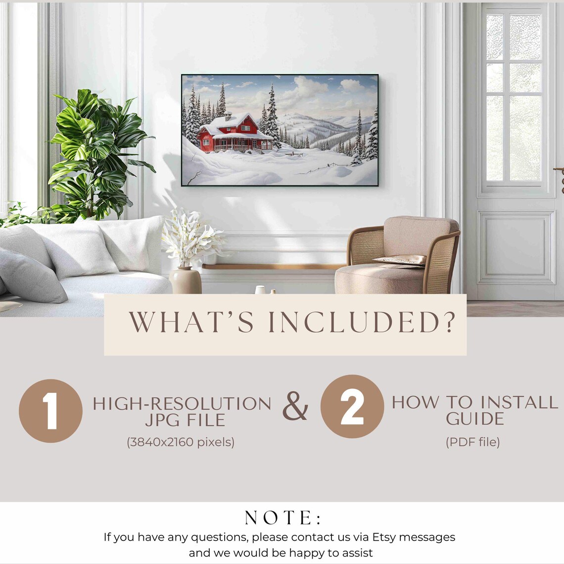 Cozy Red Mountain Cabin Snowy Pines Valley Frame TV Art Poster - Image 2