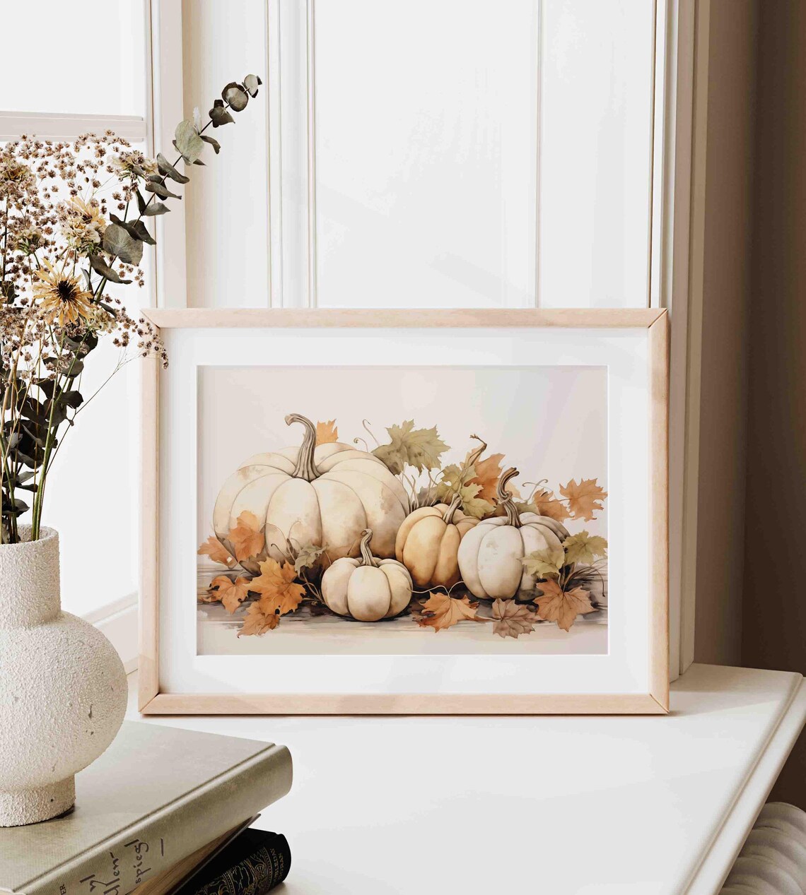 White Pumpkins And Autumn Leaves Neutral Fall Still Life Poster - Image 4