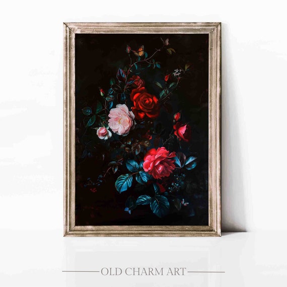 Flower Painting Vintage Moody Botanical Print Dark Academia Floral Wall Art Cottage Wall Decor Wa30