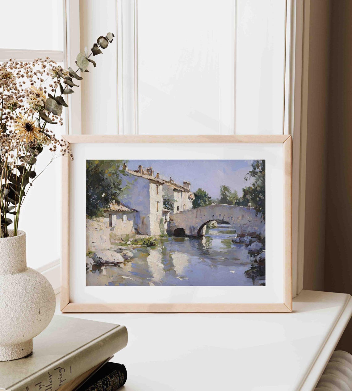 Old Stone Bridge Over River by Village Mill Sunny Impressionist Poster - Image 3
