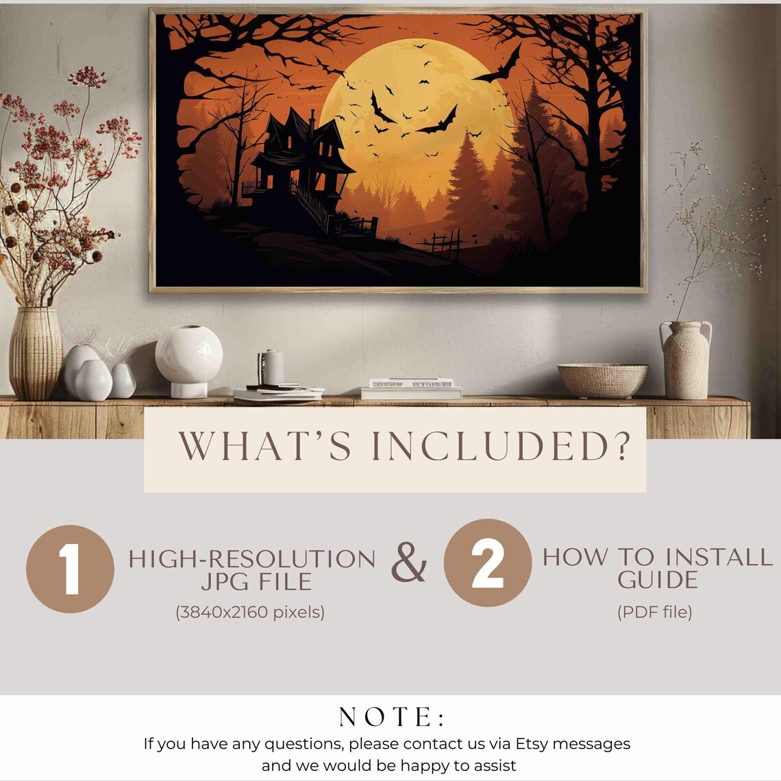 Haunted House Under An Orange Moon With Bats And Bare Trees Poster - Image 2