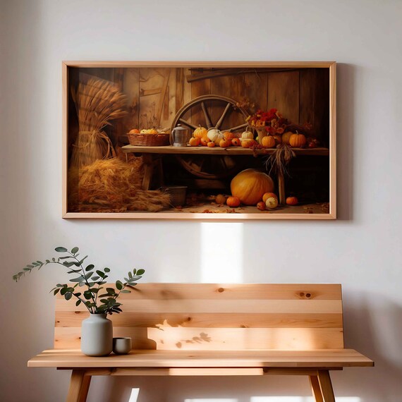 Warm Autumn Harvest Still Life in a Rustic Barn Interior Poster