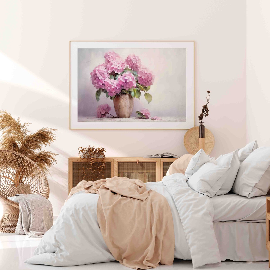 Pink Hydrangea Bouquet In Rustic Vase Soft Light Floral Oil Poster - Image 4