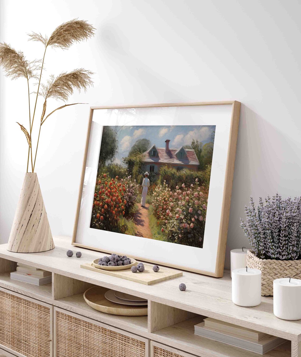 Woman Walking Rose Path To Cottage Impressionist Summer Garden Poster - Image 3
